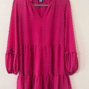 Chic Neon Pink Textured V-Neck Loose Mini Dress
